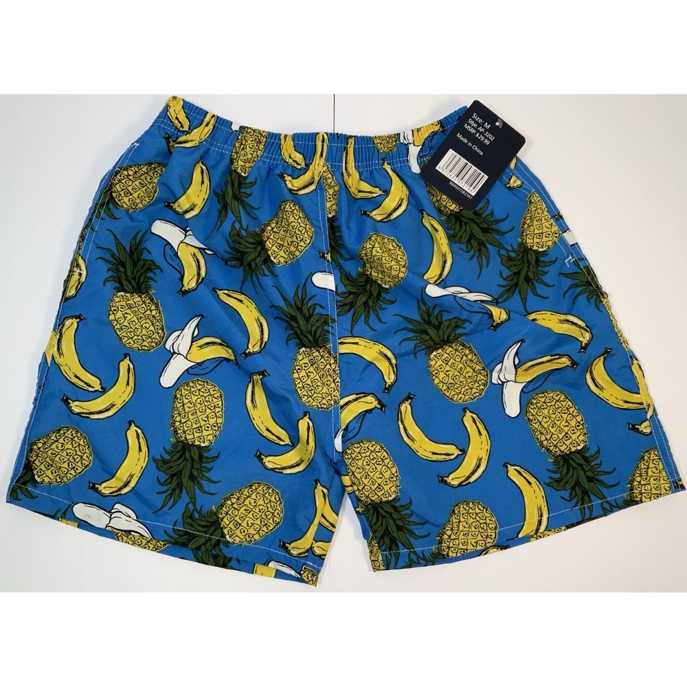 NWT Men's Wuhou Mesh Lined Swim Trunks Blue Pineapple & Banana - Medium